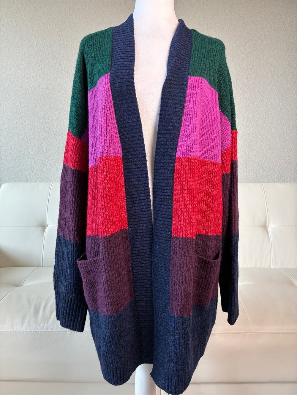 Torrid Navy Colorblock Open-Front Cardigan with Green, Pink & Red Panels